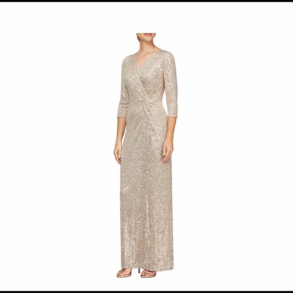 Alex Evenings Dresses & Skirts - Alex Evenings Knot Front Surplice V-Neck 3/4 Sleeve Sequin Back Slit Gown